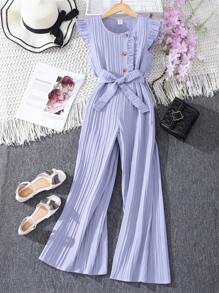 Tween Girl Ruffle Trim Button Front Wide Leg Jumpsuit - Purple - View 1