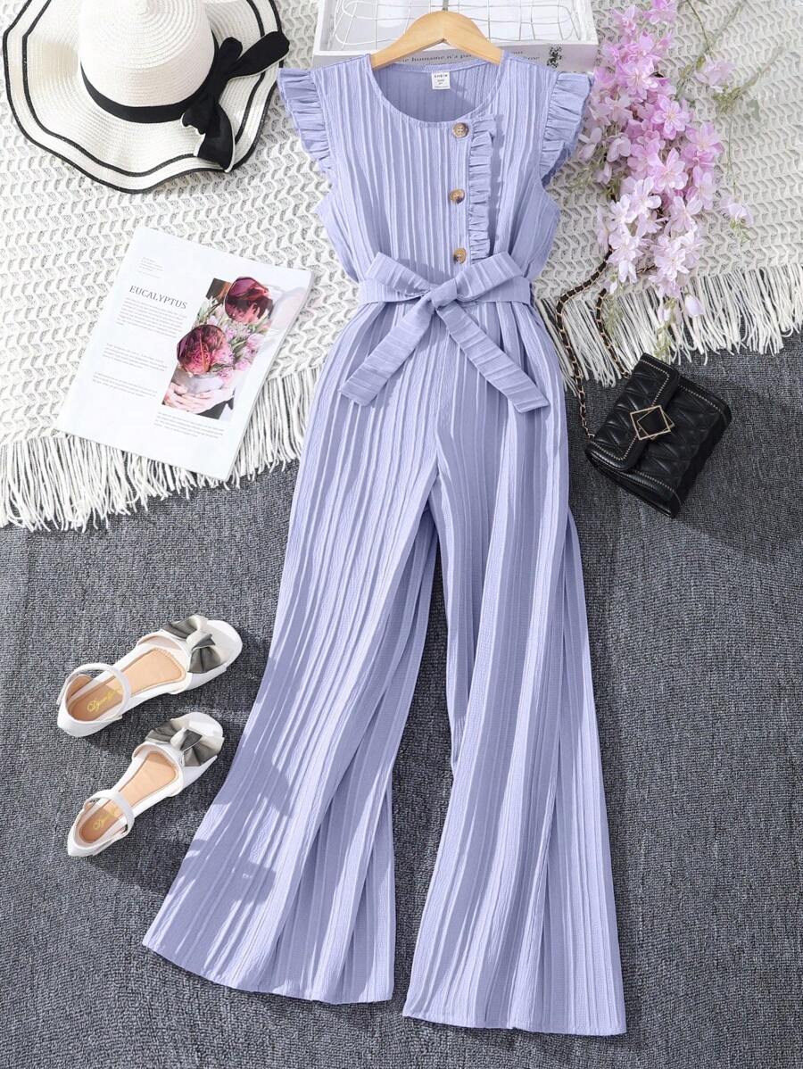 Tween Girl Ruffle Trim Button Front Wide Leg Jumpsuit - Purple - View 1