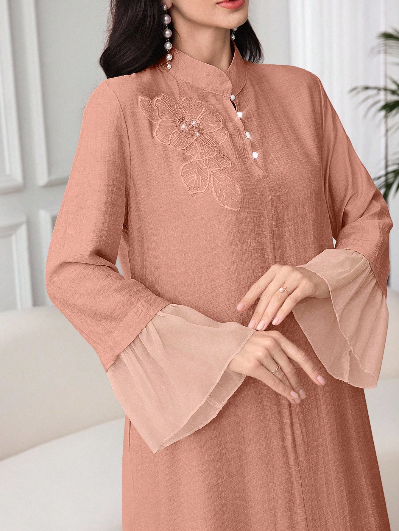 Al Najma فستان نسائي بياقة عالية وأكمام طويلة مع ت...