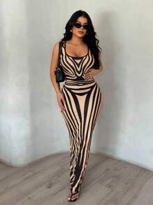 SHEIN SXY Đầm họa tiết ngựa vằn ôm sát gợi cảm thanh lịch dành cho nữ, hở lưng, thích hợp mặc khi đi chơi hàng ngày, hẹn hò, dự tiệc, sinh nhật - màu nâu - Xem 4