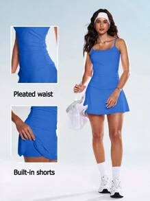 Gameset SHEIN Sport 女士时尚优雅细肩带腰部褶饰修身自然喇叭形休闲迷你连衣裙，适合搭配紧身裤 - 藍色 - 查看 4