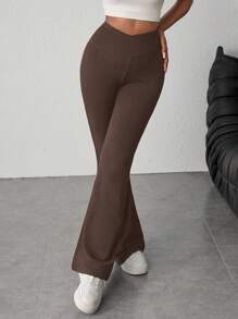 SHEIN Teen Girls' Brown Solid Color High Waist Flare Pants, Suitable For Home, Casual, Outdoor Sports Bell Bottom Pants Flared Leggings Brown Pants Flared Sweatpants Fall Winter - Brown - View 5