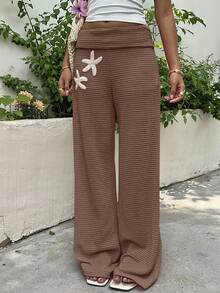 SHEIN EZwear Women's Solid Color Vacation Style Knit Wide Leg Pants - Coffee Brown - View 4