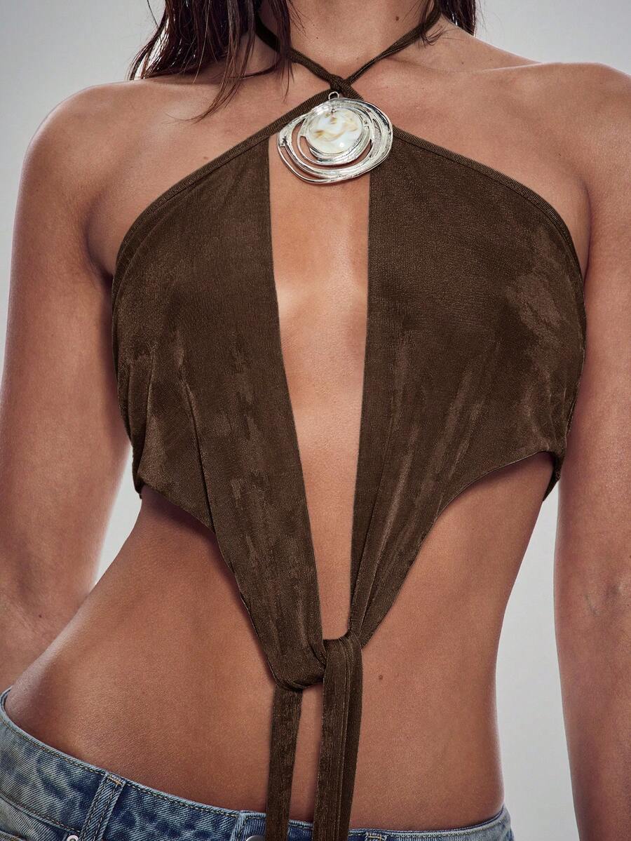 Denimoi Tie Front Cut Out Low Back Halter Top With Stone Necklace - Brown - View 1