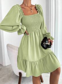 Chiquease Square Neck Shirred Bodice Flounce Sleeve Ruffle Hem Dress Fall Cloth For Women - Mint Green - View 4