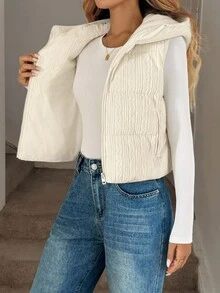 Easowa 前拉链连帽纹理无袖夹克，休闲宽松通勤复古风格棉服外套，女士羽绒背心，粗针织背心，秋冬连帽背心 - 杏色 - 查看 8