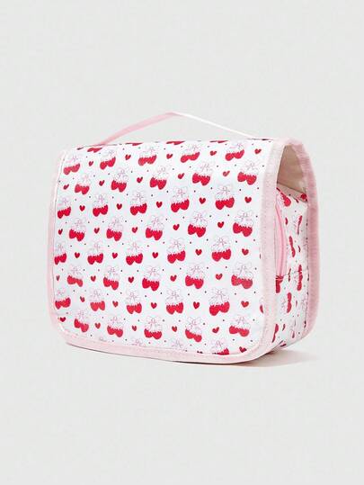 Kawaii Bolsa de cosméticos portátil con lindo patrón de cerezas, color rosa claro