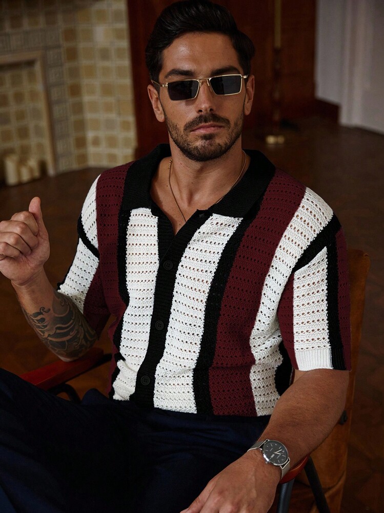 Manfinity Homme 男士夏季休闲拼色条纹针织毛衣 - 紅白色 - 查看 3