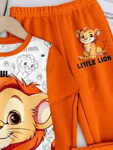 SHEIN 男宝宝休闲卡通老虎印花圆领短袖上衣和裤子套装