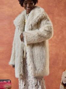 EURMUSE Women's Solid Color Lapel Long Sleeve Loose Faux Fur Jacket - Beige - View 4