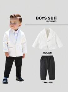2pcs/Set Baby Boy Gentleman Outfit, White Blazer Jacket With Chest Flower Decor And Black Pants, Comfortable, Versatile, Classic Retro British Style, Suitable For Indoor, Outdoor, Daily, Sports, Play, Party, Photo Shoot, Holiday, Festival, Wedding, Baby Shower, Christening, 1st Birthday Tuxedo Suit Baby Boys Formal Wear White Blazer For Baby Boy, In Fall/Winter - Black and White - View 7