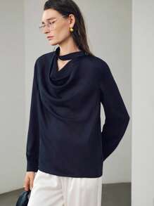 Uhlyne Uhlyne Blusa de manga larga con cuello drapeado y lazo, de seda satinada, de color negro sólido, suelta y cómoda, estilo minimalista, para otoño, apta para el trabajo, profesores, vuelta al colegio, otoño, estilo neutral, casual de negocios, estilo "old money" - Negro - Ver 6