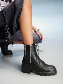 CUCCOO GRLICON Botas de plataforma con puntera redonda, decoración de hebilla plateada, cómodas y de estilo fashion, adecuadas para uso diario, fiestas, Halloween, Navidad - Negro - Ver 6