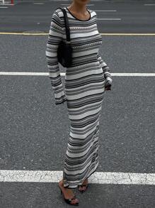 DAZY Black & White Striped Knit Dress For Women,Fall Women Clothes Women Sweater Dresses - Multicolor - View 7
