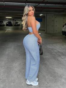 Zolique 女士休闲条纹印花短款筒形上衣和抽绳腰阔腿裤套装，夏季假日装 - 藏蓝色 - 查看 3