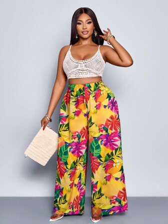 SOLERSUN Women's Tropical Print Loose A-Line Wide Leg Pants For Vacation Fall Cloth For Women