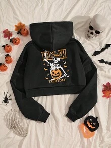 Unity Women's Halloween Pattern Printed Loose Casual Short Hoodie,Suitable For Halloween Parties - 黑色 - 查看 2