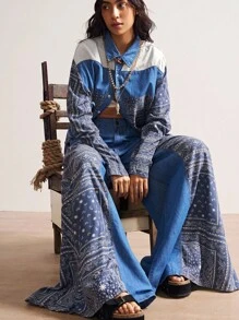 Bohemela 女式复古休闲度假拼布印花阔腿牛仔裤 - 藍色 - 查看 1