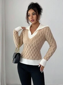 Selianne Áo len chui đầu họa tiết cổ chữ V chắp vá 2 trong 1 thời trang thu đông mới dành cho nữ, thiết kế thanh lịch, phù hợp để đi làm hàng ngày - Màu be - Xem 4