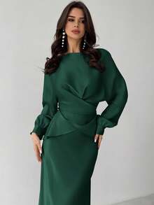 Firerie Women's Elegant Satin Asymmetric Hem Skirt,Fall - Dark Green - View 5