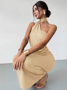 Firerie 女式摩卡棕色不对称喇叭袖宽松连衣裙，时尚长裙，春夏服装，适合通勤、优雅、性感、度假、海滩、波西米亚、夏威夷、音乐节、派对、工作装 - 卡其色 - 查看 4