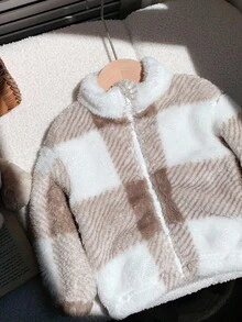 SHEIN 男女通用婴儿格子毛绒立领拉链夹克，可爱百搭，秋冬婴儿服装 - 彩色 - 查看 9