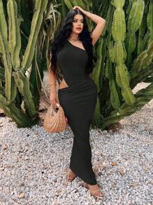 SHEIN SXY Váy maxi dài không tay khoét eo thanh lịch màu mơ trơn dành cho nữ, phù hợp cho kỳ nghỉ hè, hẹn hò, sinh nhật, tiệc tùng, tốt nghiệp, đảo, bãi biển - màu đen - Xem 6