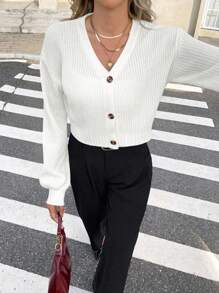 Serisse Solid Drop Shoulder Button Up Crop Cardigan,Knitted Sweater In Fall/Winter White Casual Spring - White - View 6