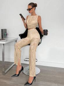 Siren Gaze Black Top + Pants Set Lace Blouse + High-Waisted Flare Lace Knit Pants, Women's 2 Pieces Set Black Mesh Sheer Lace Jacquard Sexy Party Outfit For Women Summer Elegant - Apricot - View 4