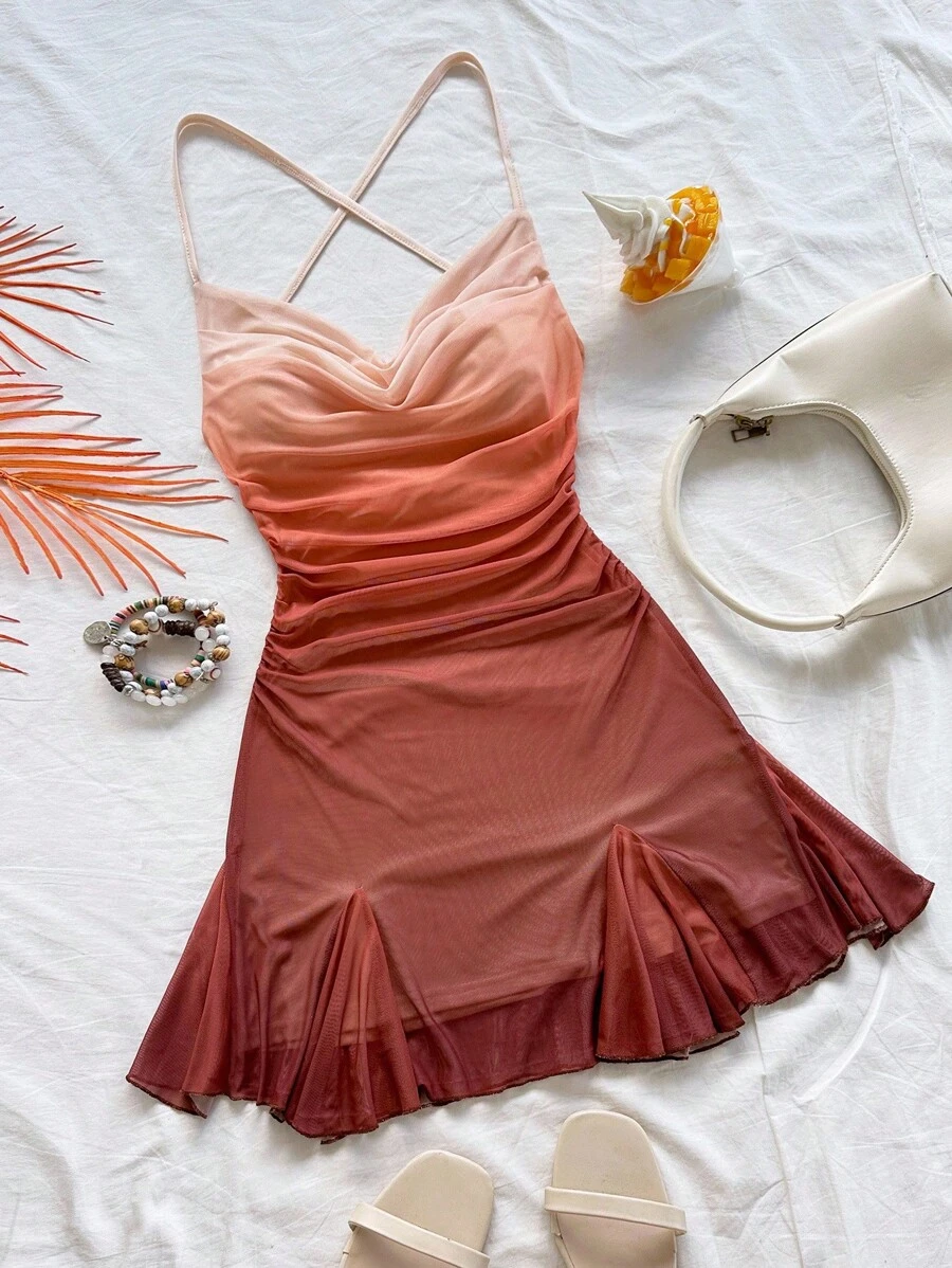 Soleia Women's Vacation Spaghetti Strap Mini Dress, Draped Neck, Backless, Bowknot, Fishtail, Sexy Style, Mini Dress, Tea Length, Shopping, Romantic, Date, Beach Outfit, Mesh, Young, Girlish Vacation Dress Sunset Dress Ombre Dress Summer Vacation Dress - Multicolor - View 1