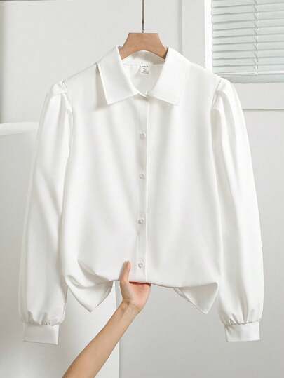 SHEIN Teen Girls Peter Pan Collar Long Sleeve Loose White Blouse,Sweet Preppy French Frill Trim Top,Casual Graduation Back-To-School,Autumn Winter Clothes