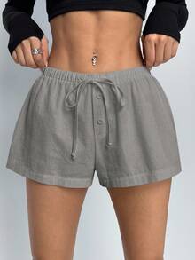 SHEIN PETITE Quần short lưng rút màu trơn đơn giản cho nữ - Màu xám đen - Xem 3