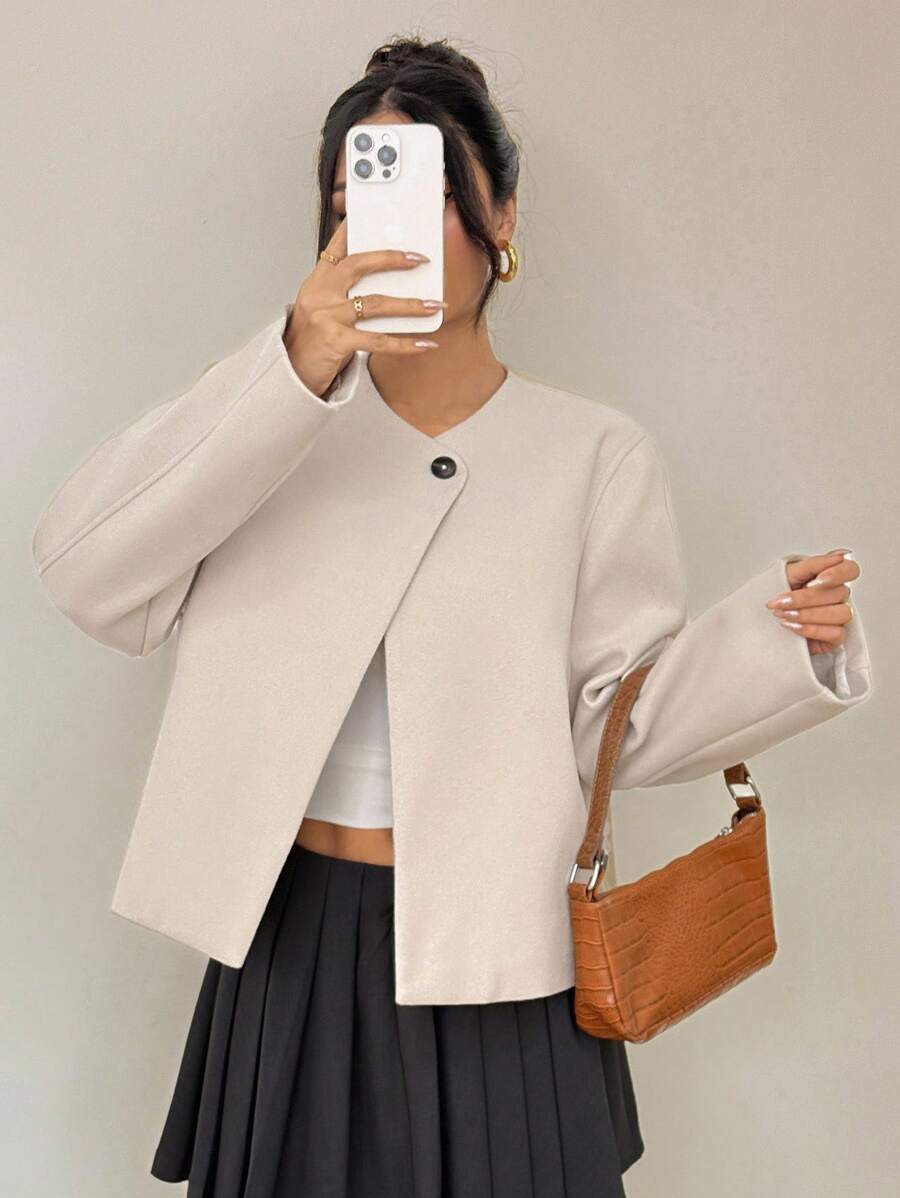 SHEIN PETITE Woolen Round Collar Short Coat Suitable For Autumn And Winter Cropped Blazer - Beige - View 1