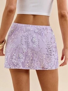 SHEIN BAE 纯色纹理亮片吊带背心裙，度假沙滩裙花卉印花串珠亮片缀饰裙粉色裙子 - 淡紫色 - 查看 2