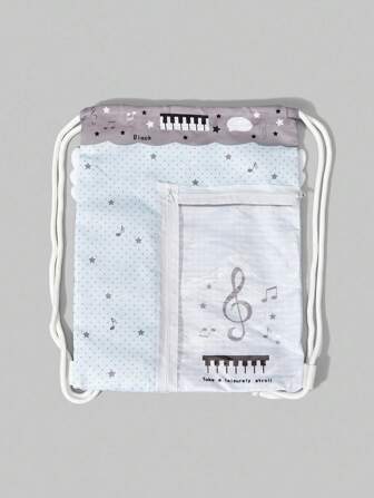 Anime Blue Polka Dot Star & Music Note Drawstring Backpack With Transparent Zipper Pocket, Large Capacity Multi-Functional Casual Backpack Suitable For School, Vacation, Social, Shopping - Cute Anime Wing Design