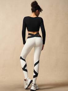 VARSIVA Women's Contrast Color Waist Hollow Out Sports Leggings - Black and White - View 2