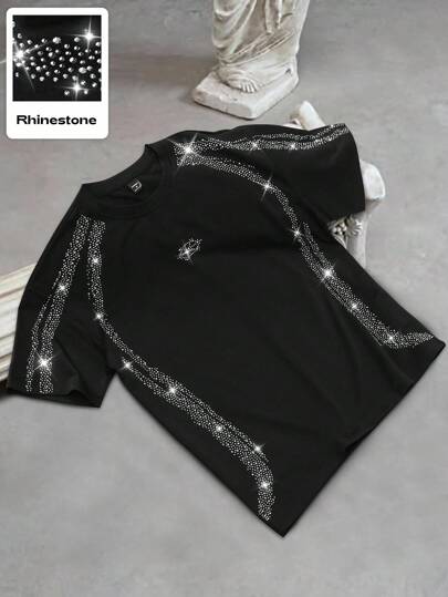 Manfinity EMRG Camiseta de manga corta con cuello redondo y estampado de color contrastante para hombre Streetrush, camiseta con strass para hombre de fiesta de Halloween estilo Y2k, camiseta con strass para hombre, camiseta brillante con lentejuelas para hombre