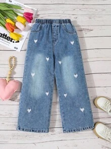 SHEIN Young Girls Y2K Style Jeans, New Fashionable White Heart Embroidered Vintage Medium Blue Washed Loose Straight Leg Denim Pants, Soft & Comfortable Material, Street Casual Versatile Wear, Girls Jeans Wide Leg Jeans