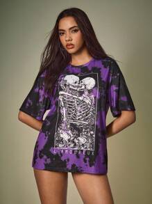 Y2Kool Deniart 女式宽松扎染骷髅印花 T 恤，万圣节秋季休闲上衣，适合派对、节日、度假图案 T 恤女式超大号垃圾摇滚衬衫哥特衬衫骷髅衬衫骨架衬衫 Y2K 服装 - 紫色 - 查看 2