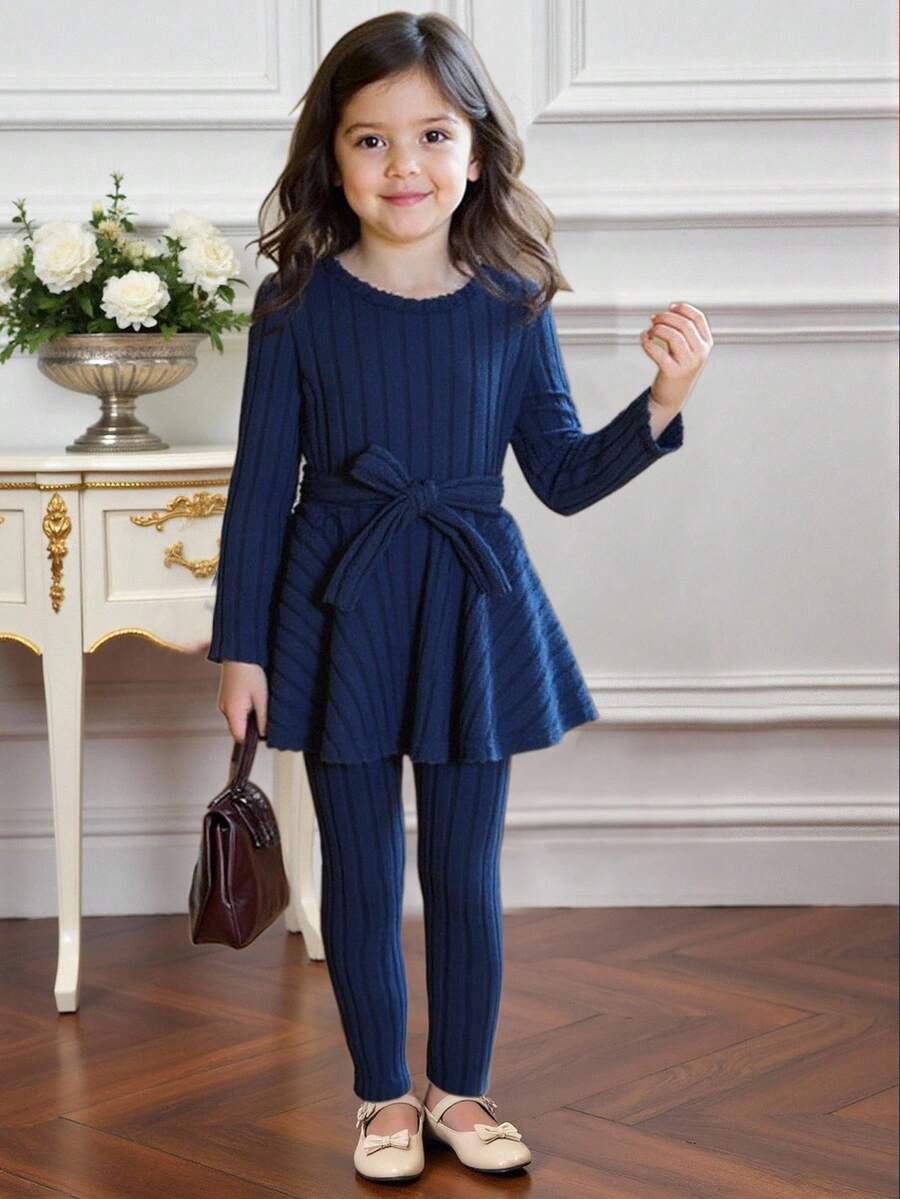 SHEIN 2 件女童罗纹长袖连衣裙（含紧身裤）套装，春秋 - 藏蓝色 - 查看 1