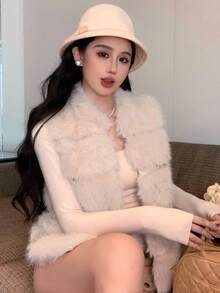 DAZY 女士优雅蓬松背心，秋冬季外套背心女式大衣 - 米色 - 查看 10