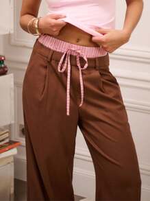 lacRébo Brown Wide-Leg Trousers With Layered Look And Contrast Striped Waistband Going Out Back To School Spring Summer - Brown - View 5