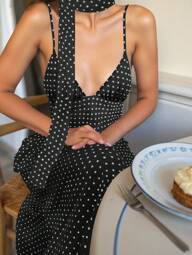 Glimmora Women's V-Neck Black And White Polka Dot Summer Vintage Holiday Vacation Maxi Slip Dress,Backless Strap Slim Fit Flattering Party Gown