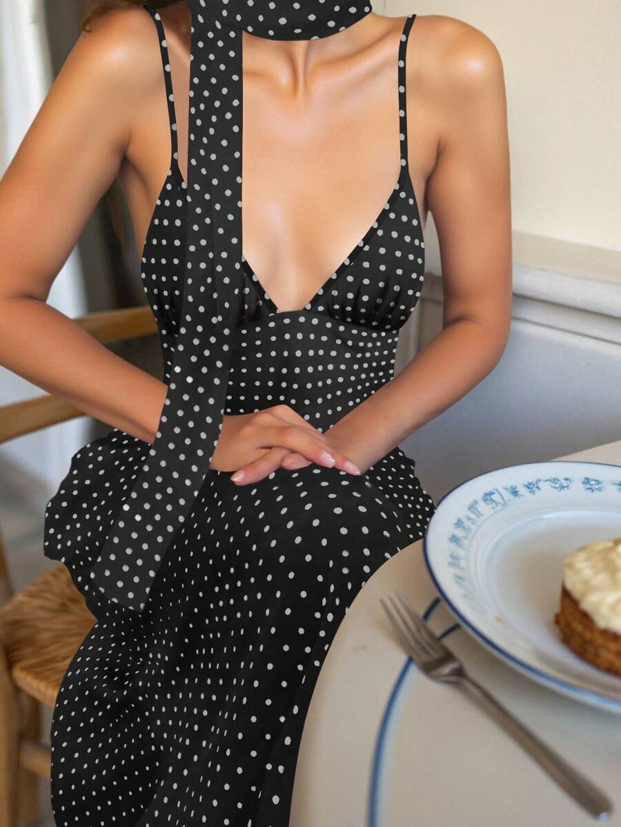 Cévolie 女士优雅性感波尔卡圆点印花露背吊带连衣裙