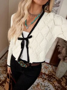 LanaWest Casual French Design Argyle Textured Contrast Trim Long Sleeve Knit Cardigan,Long Sleeve Tops