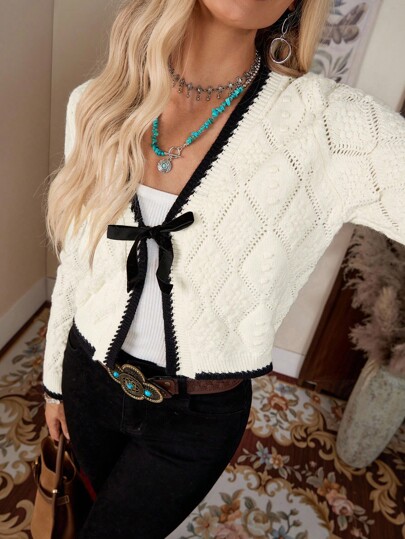 LanaWest Casual French Design Argyle Textured Contrast Trim Long Sleeve Knit Cardigan,Long Sleeve Tops