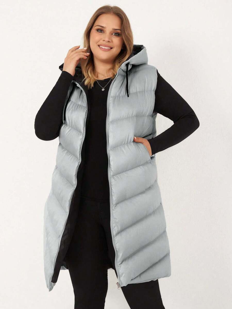 RueChic Plus Zip Up Drawstring Hooded Puffer Vest Coat - Light Grey - View 1