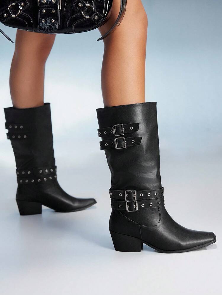 CUCCOO GRLICON Women's Outdoor Square Toe Chunky Heel Black PU Fabric Silver Button Decor Fashion Comfortable Daily & Party Slip-On Boots, Suitable For Christmas, Halloween, Autumn