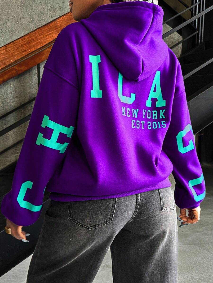 INAWLY 女士休闲字母印花连帽运动衫，秋冬，长袖上衣