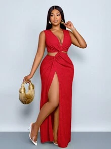 SOLERSUN 大码女式连衣裙，纯色纹理面料，红色高开衩长裙，腰部镂空并饰有打结细节，适合浪漫场合、情人节、派对、音乐节、圣诞节等。图案包括雪花、雪人、姜饼人、驯鹿、拐杖糖，充满圣诞、秋冬等风格。 - 紅色 - 查看 3